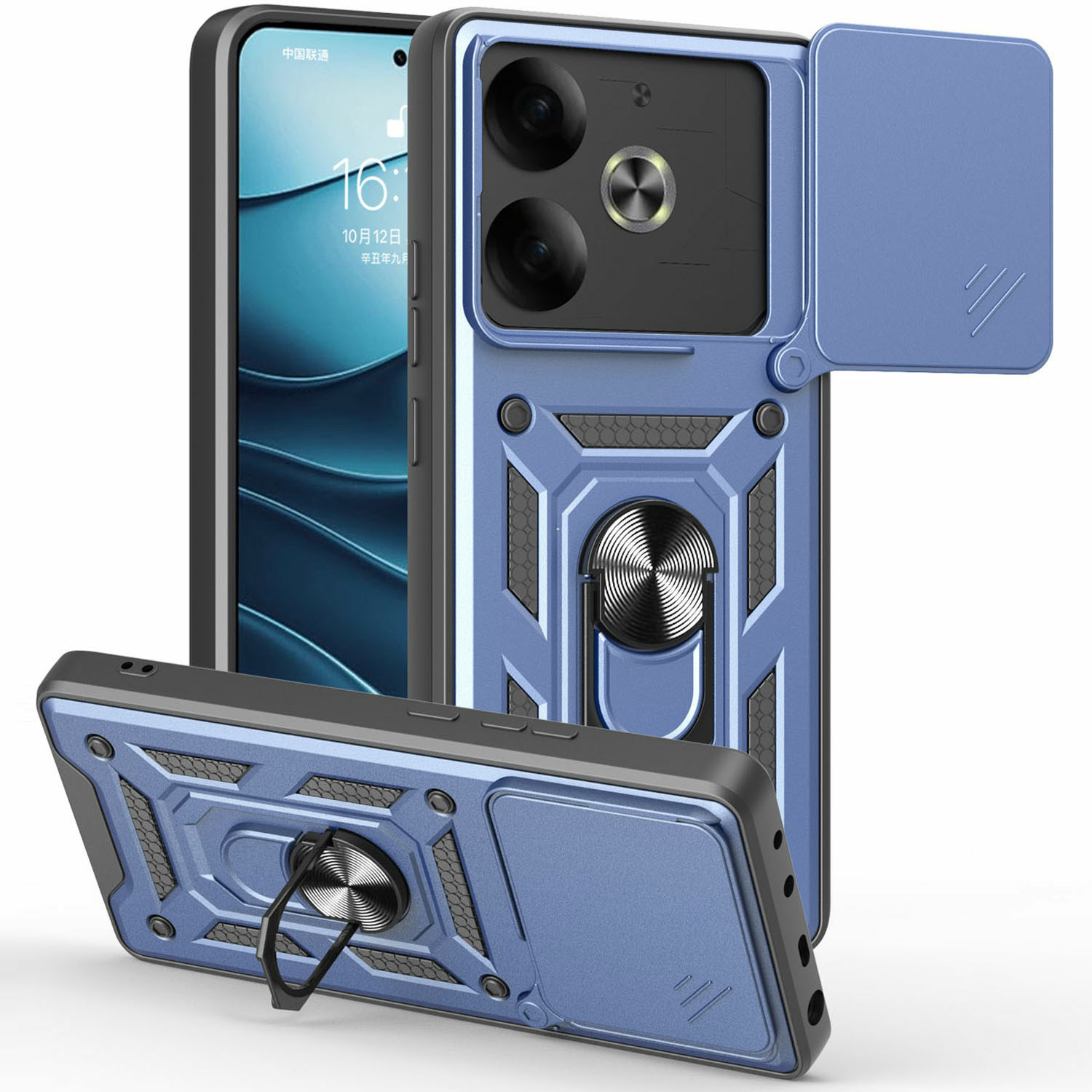For TECNO Pova 6 4G Case with Slide Camera Lid PC+TPU Kickstand Phone Cover - Blue