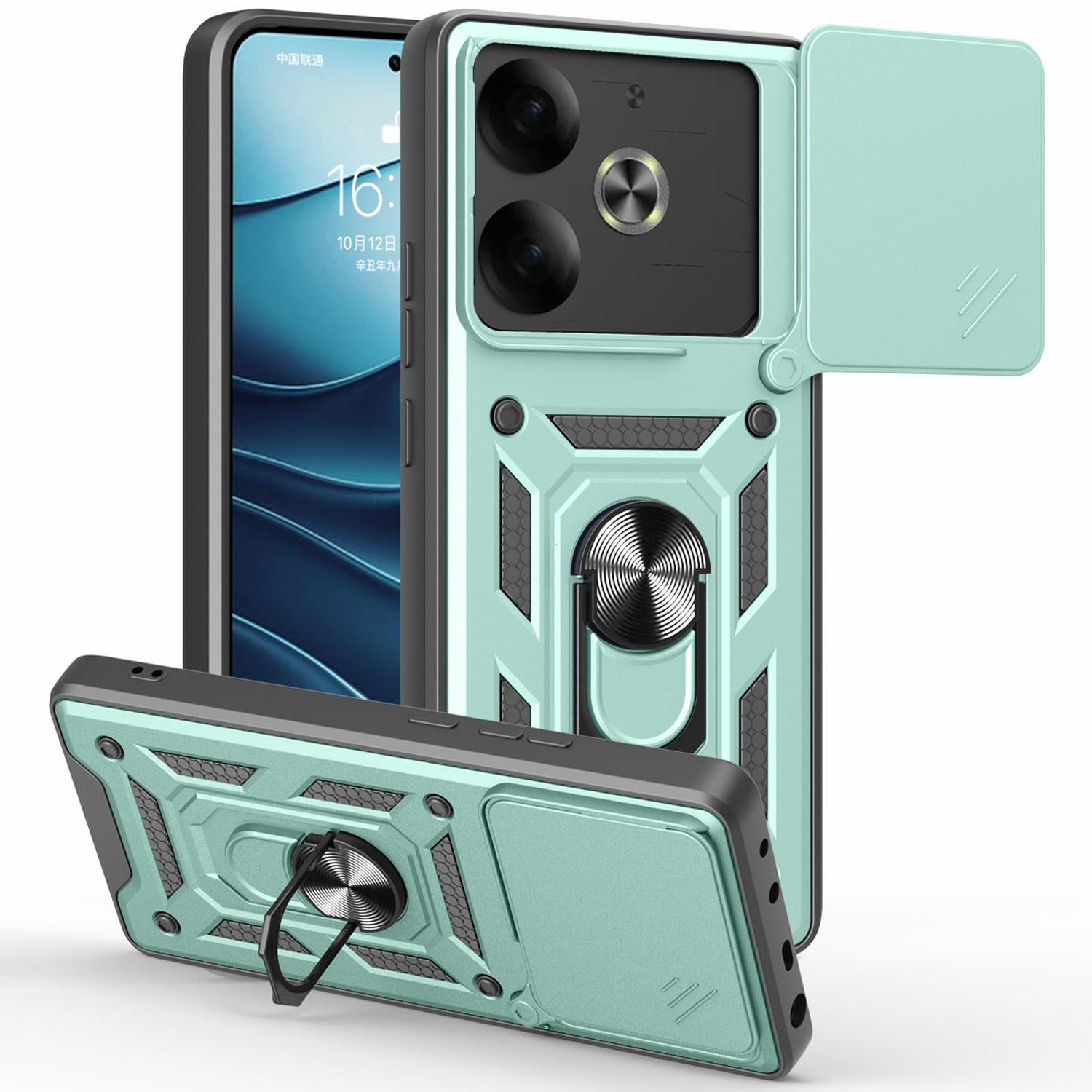 For TECNO Pova 6 4G Case with Slide Camera Lid PC+TPU Kickstand Phone Cover - Green