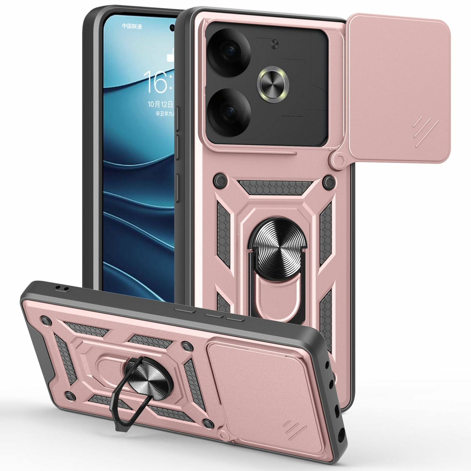 For TECNO Pova 6 4G Case with Slide Camera Lid PC+TPU Kickstand Phone Cover - Rose Gold