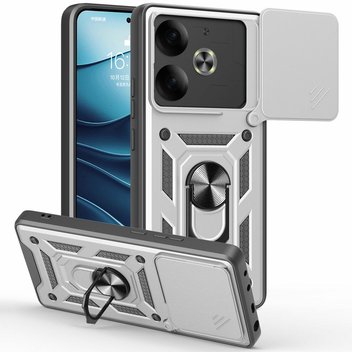 For TECNO Pova 6 4G Case with Slide Camera Lid PC+TPU Kickstand Phone Cover - Silver
