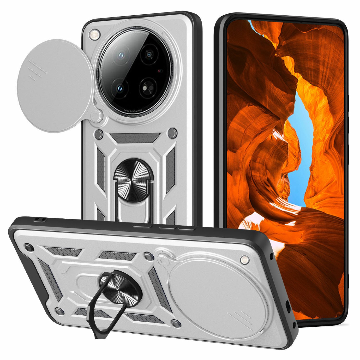 For Infinix Zero 40 4G Case with Slide Camera Lid PC+TPU Kickstand Phone Cover - Silver