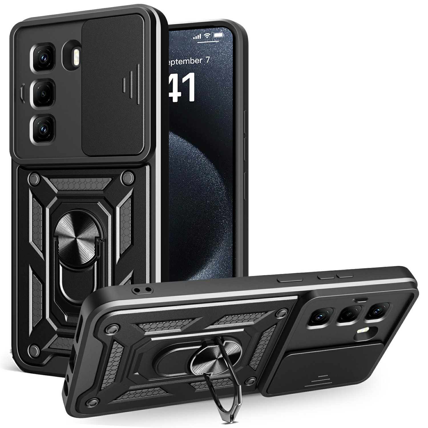 For Infinix Hot 50 Pro 4G Case with Slide Camera Lid PC+TPU Kickstand Phone Cover - Black