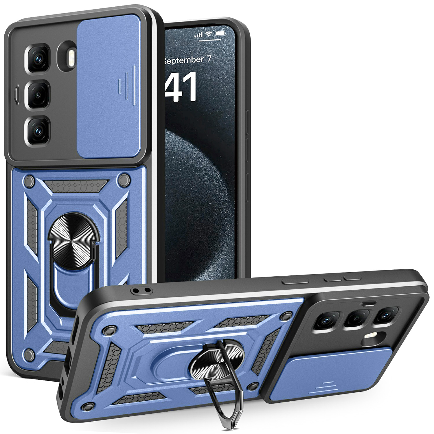 For Infinix Hot 50 Pro 4G Case with Slide Camera Lid PC+TPU Kickstand Phone Cover - Blue