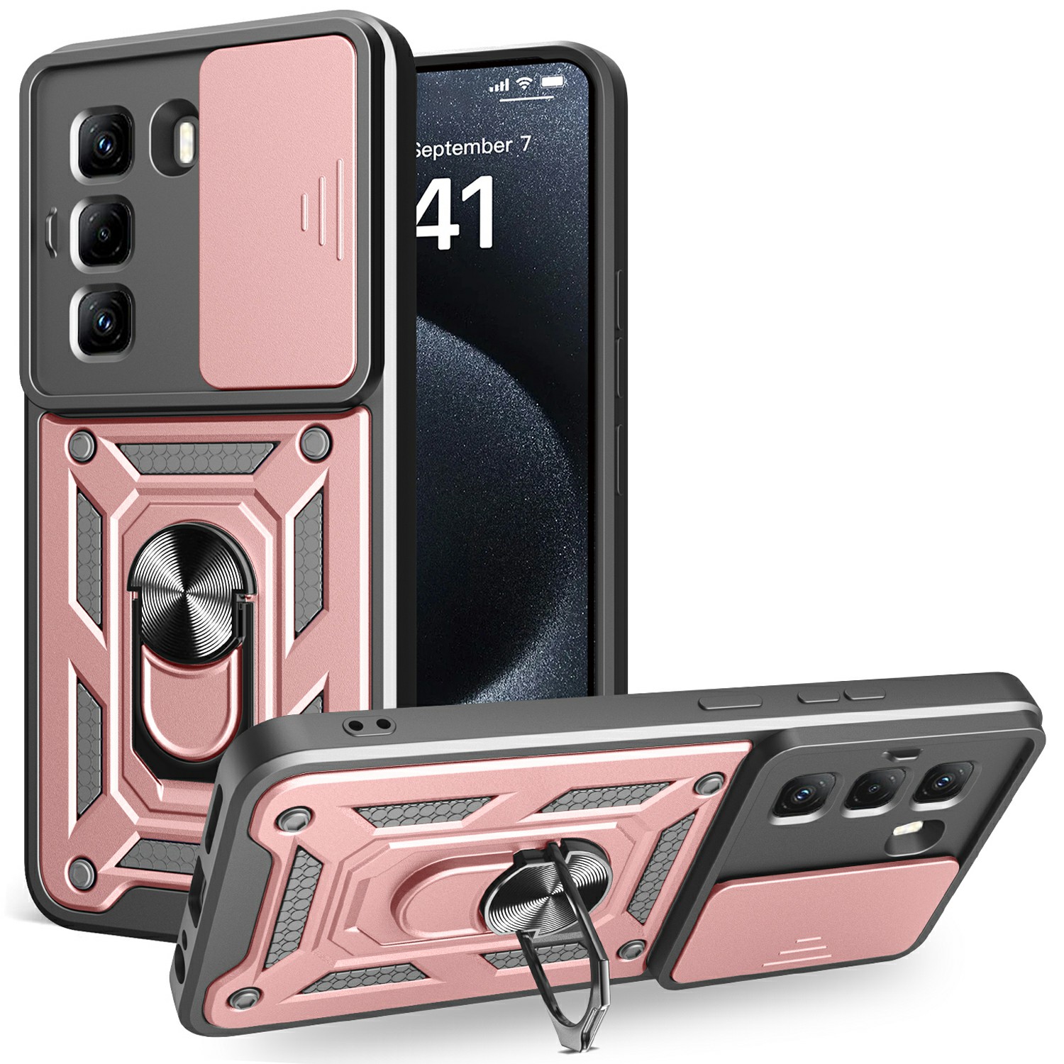 For Infinix Hot 50 Pro 4G Case with Slide Camera Lid PC+TPU Kickstand Phone Cover - Rose Gold