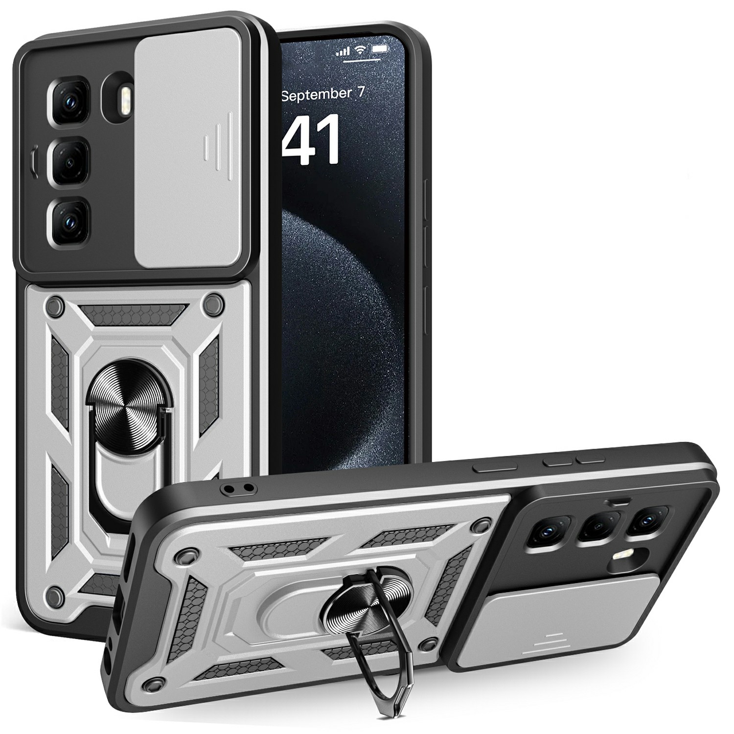For Infinix Hot 50 Pro 4G Case with Slide Camera Lid PC+TPU Kickstand Phone Cover - Silver