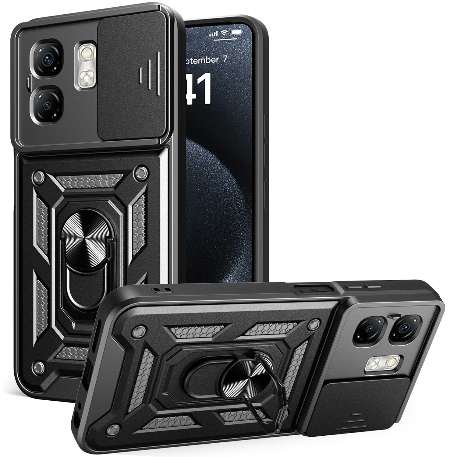 For Infinix Hot 50i 4G / Smart 9 4G Case with Slide Camera Lid PC+TPU Kickstand Phone Cover - Black