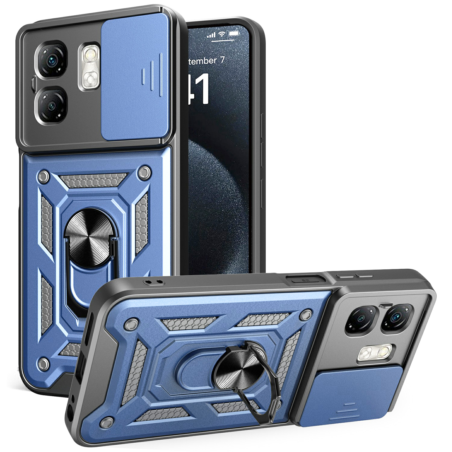 For Infinix Hot 50i 4G / Smart 9 4G Case with Slide Camera Lid PC+TPU Kickstand Phone Cover - Blue