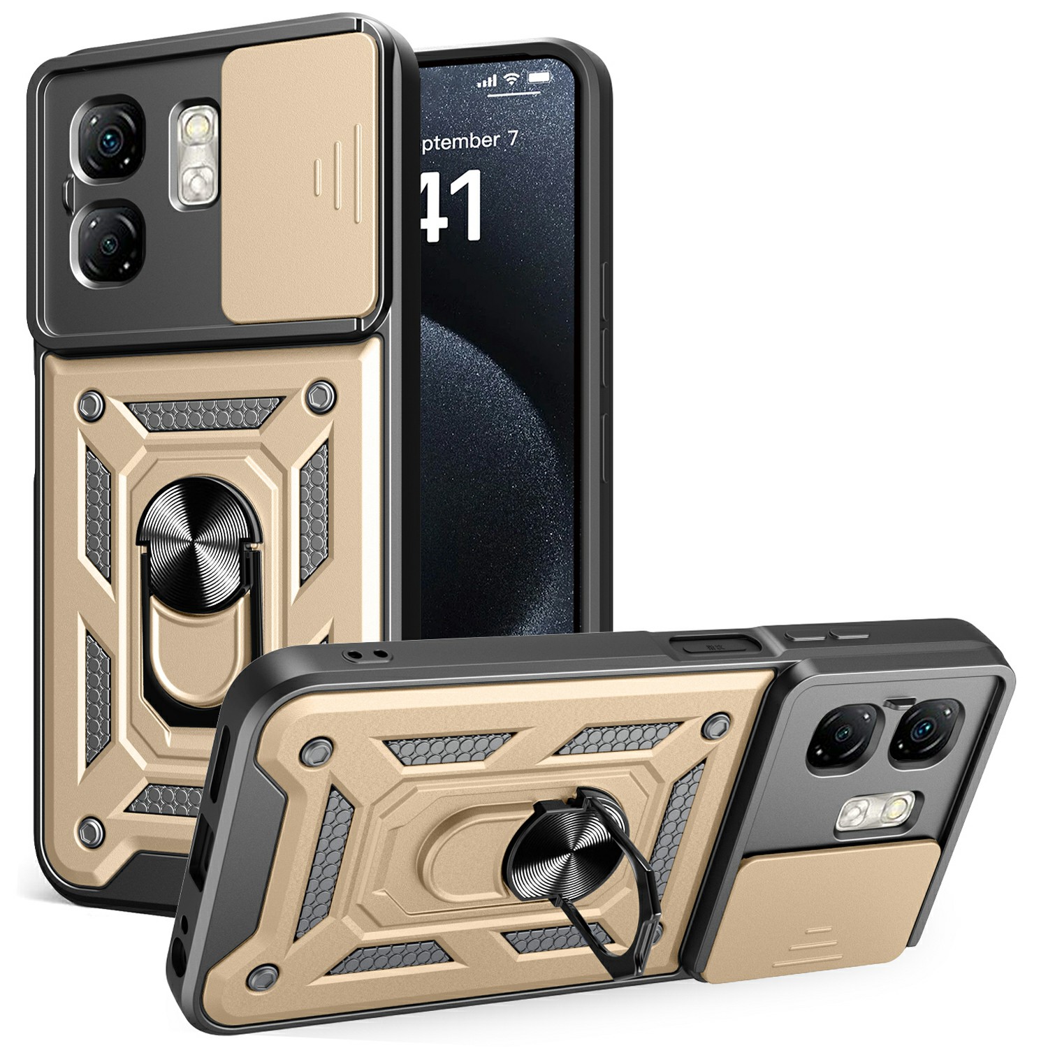 For Infinix Hot 50i 4G / Smart 9 4G Case with Slide Camera Lid PC+TPU Kickstand Phone Cover - Gold