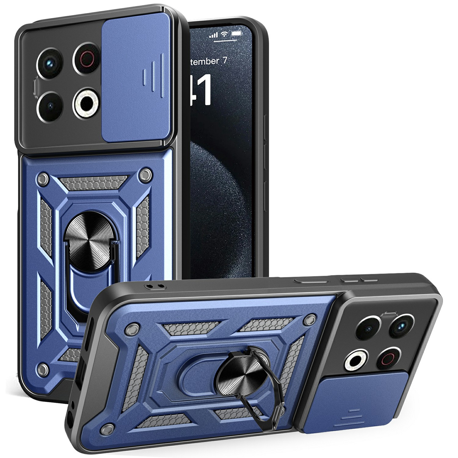 For TECNO Spark 30 Pro 4G Case with Slide Camera Lid PC+TPU Kickstand Phone Cover - Blue