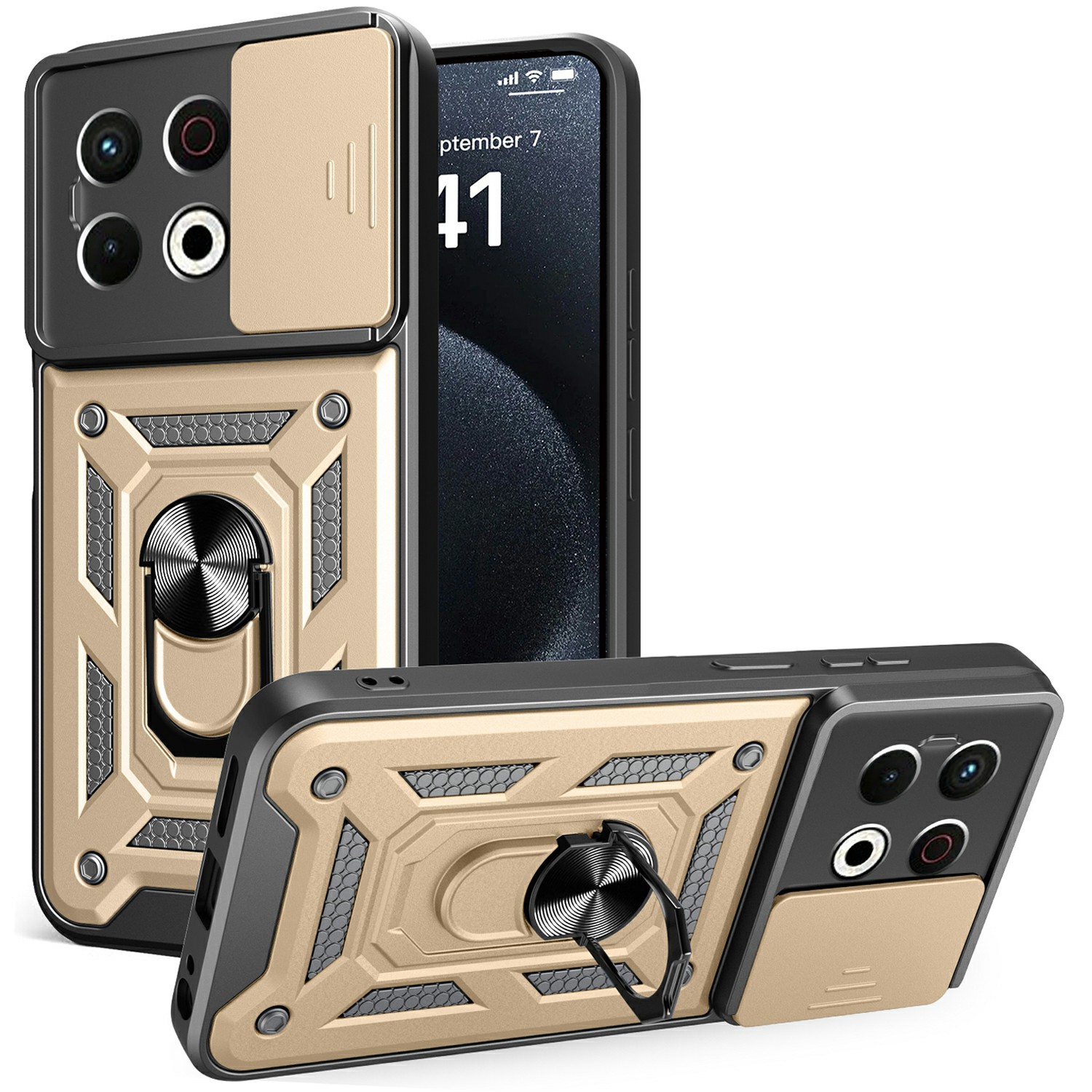 For TECNO Spark 30 Pro 4G Case with Slide Camera Lid PC+TPU Kickstand Phone Cover - Gold