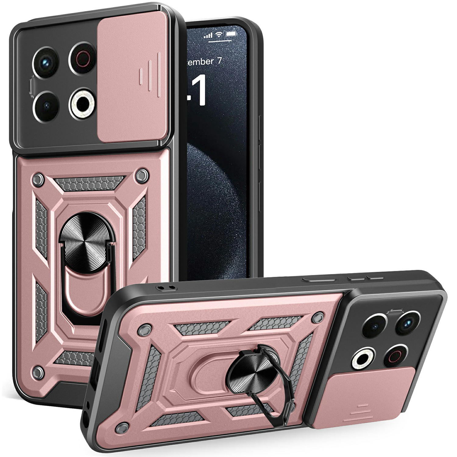 For TECNO Spark 30 Pro 4G Case with Slide Camera Lid PC+TPU Kickstand Phone Cover - Rose Gold