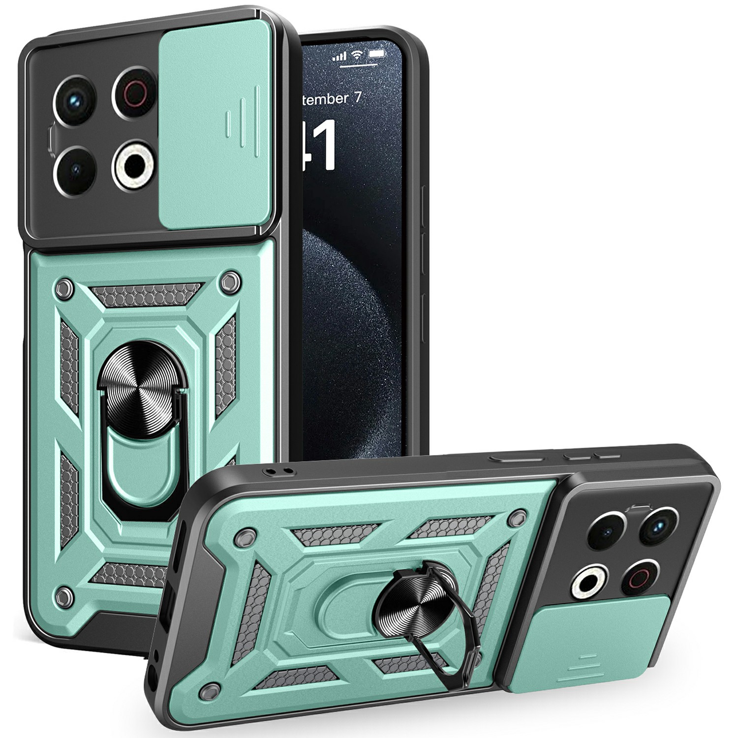 For TECNO Spark 30 Pro 4G Case with Slide Camera Lid PC+TPU Kickstand Phone Cover - Green
