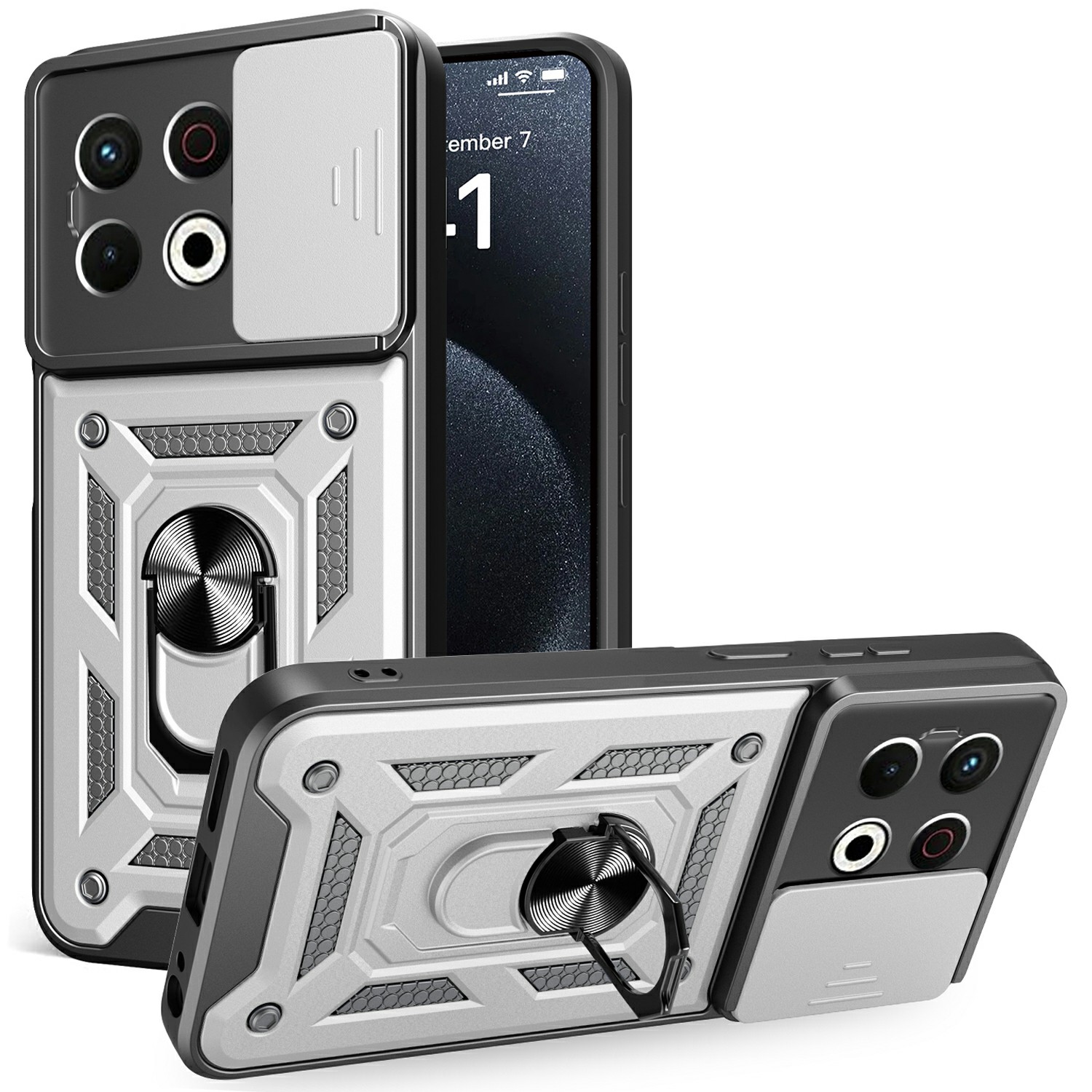 For TECNO Spark 30 Pro 4G Case with Slide Camera Lid PC+TPU Kickstand Phone Cover - Silver