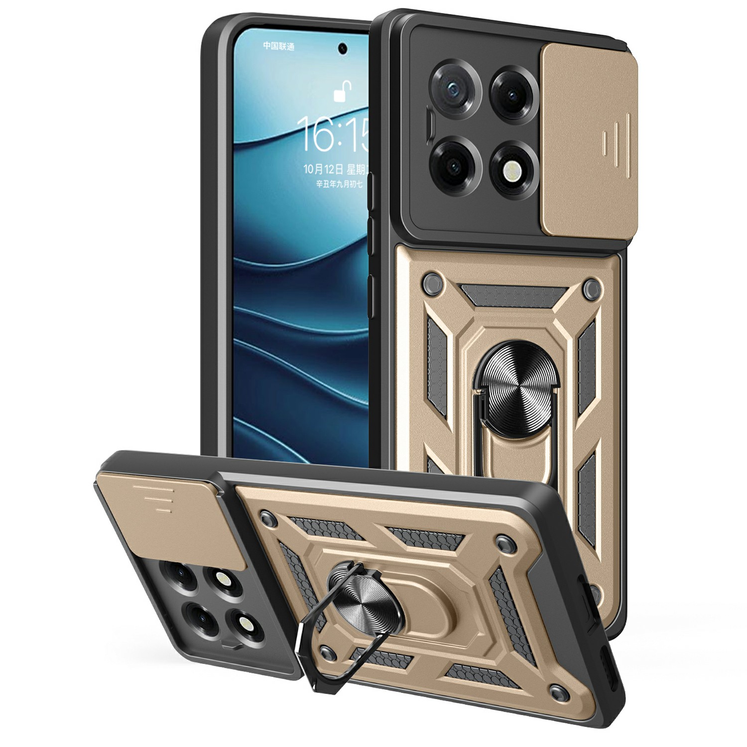 For TECNO Camon 30S 4G Case with Slide Camera Lid PC+TPU Kickstand Phone Cover - Gold