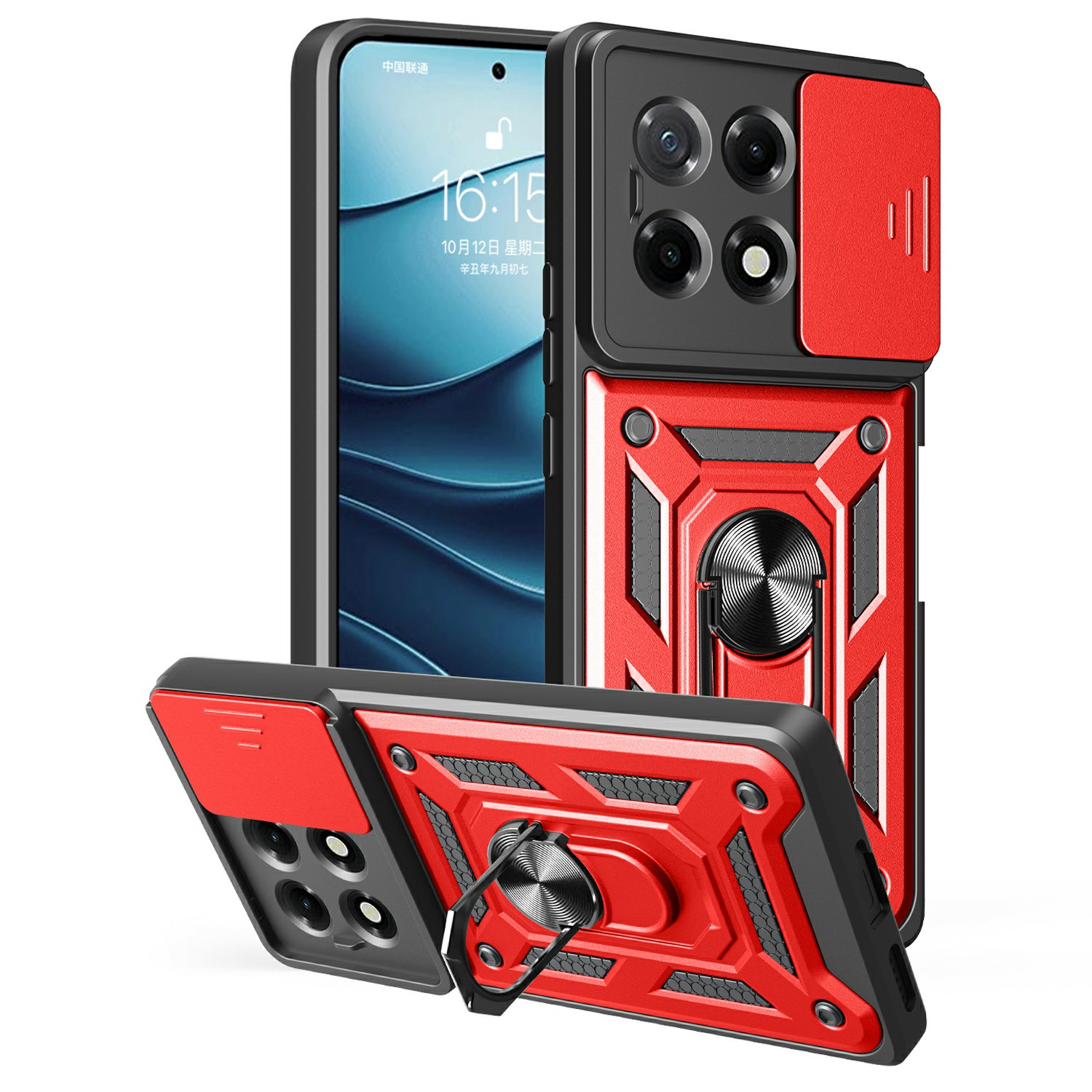 For TECNO Camon 30S 4G Case with Slide Camera Lid PC+TPU Kickstand Phone Cover - Red
