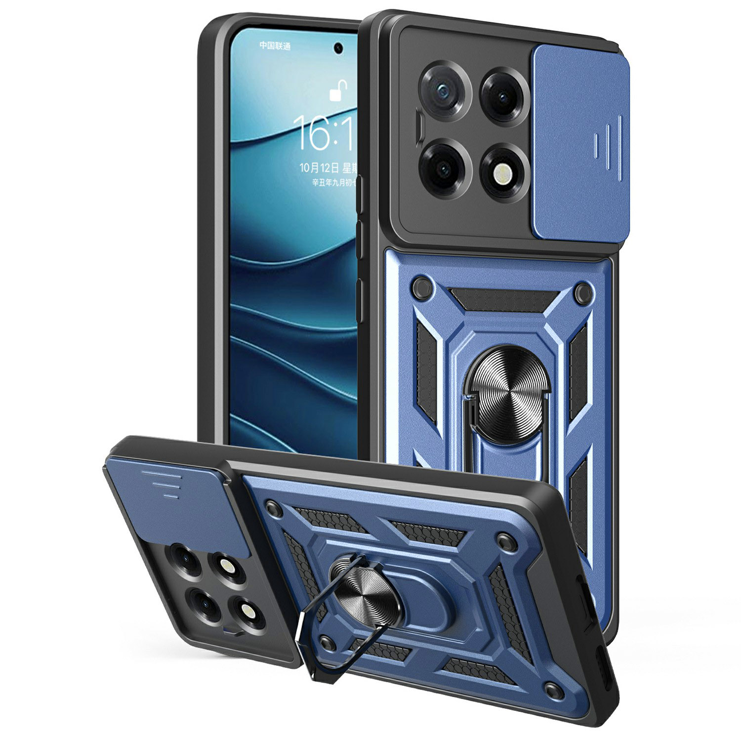 For TECNO Camon 30S 4G Case with Slide Camera Lid PC+TPU Kickstand Phone Cover - Blue