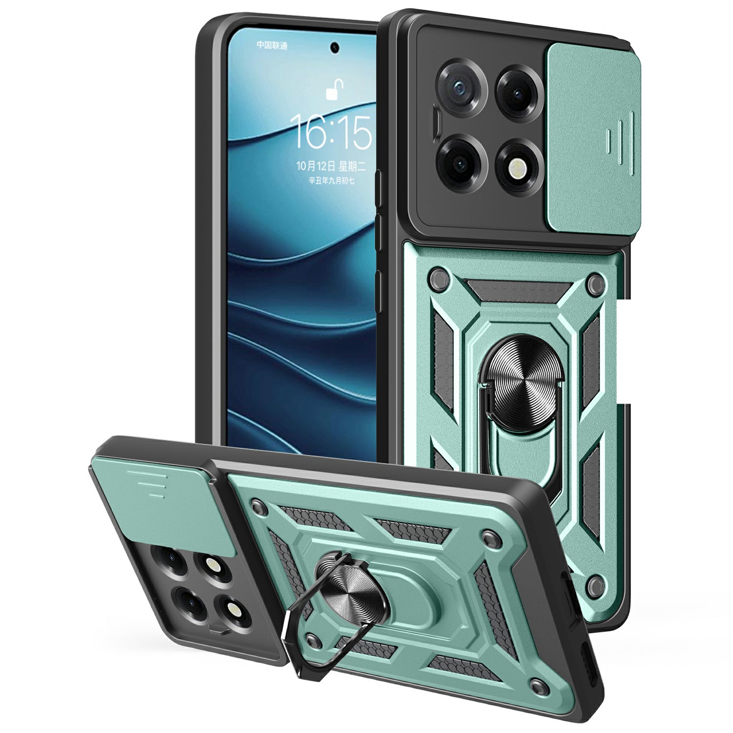 For TECNO Camon 30S 4G Case with Slide Camera Lid PC+TPU Kickstand Phone Cover - Green