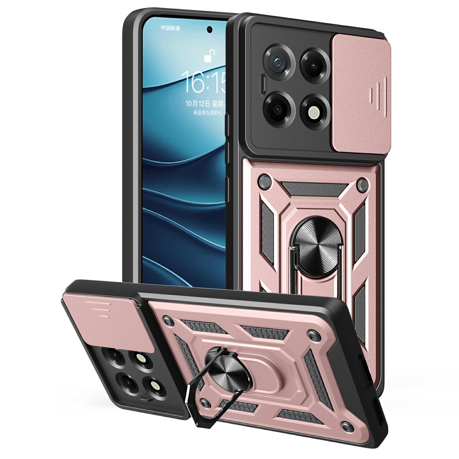 For TECNO Camon 30S 4G Case with Slide Camera Lid PC+TPU Kickstand Phone Cover - Rose Gold