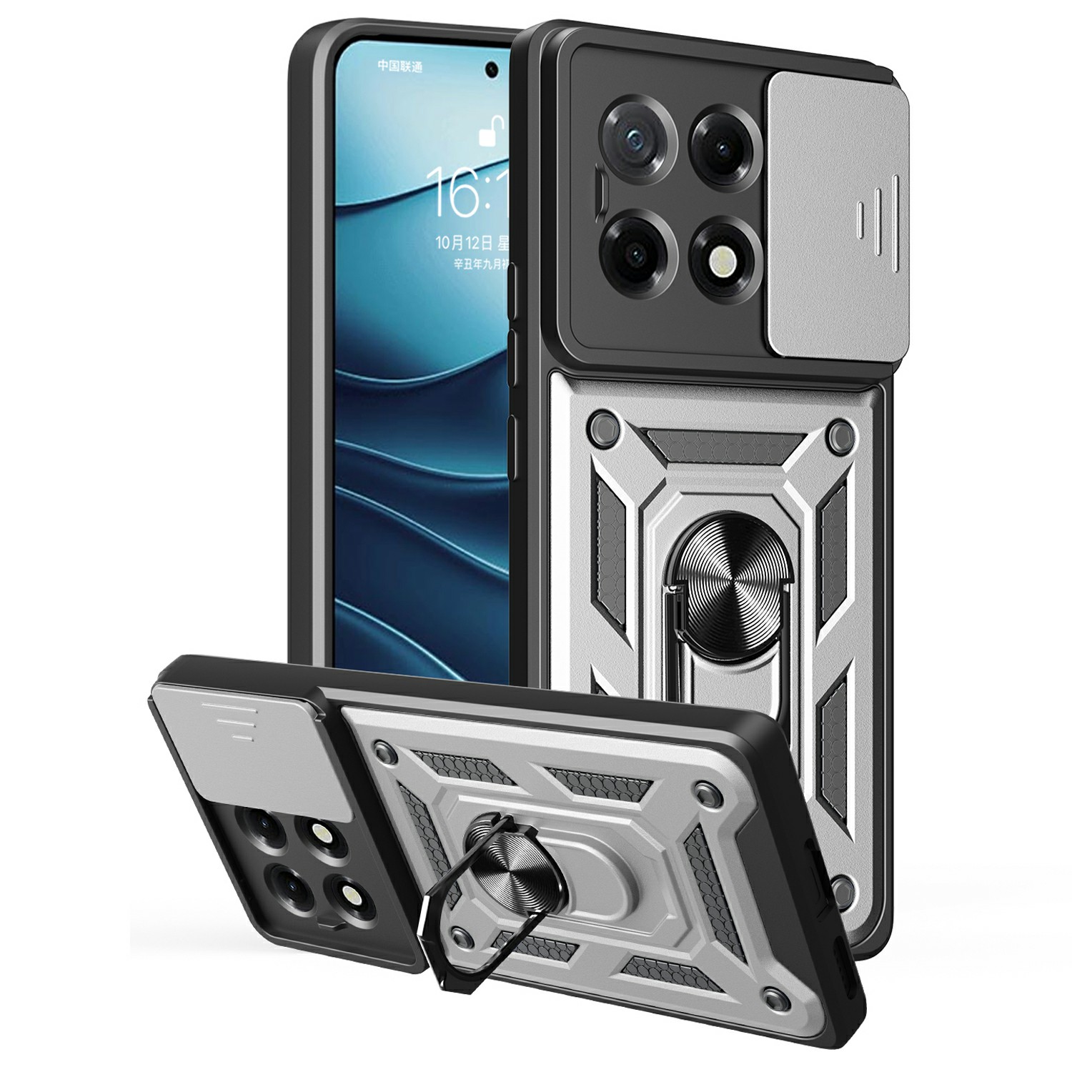 For TECNO Camon 30S 4G Case with Slide Camera Lid PC+TPU Kickstand Phone Cover - Silver