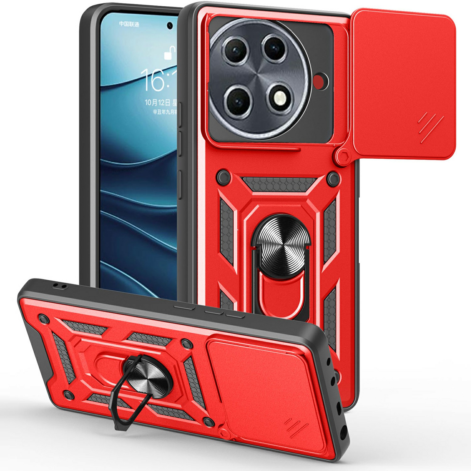 For TECNO Camon 30S Pro 4G Case with Slide Camera Lid PC+TPU Kickstand Phone Cover - Red