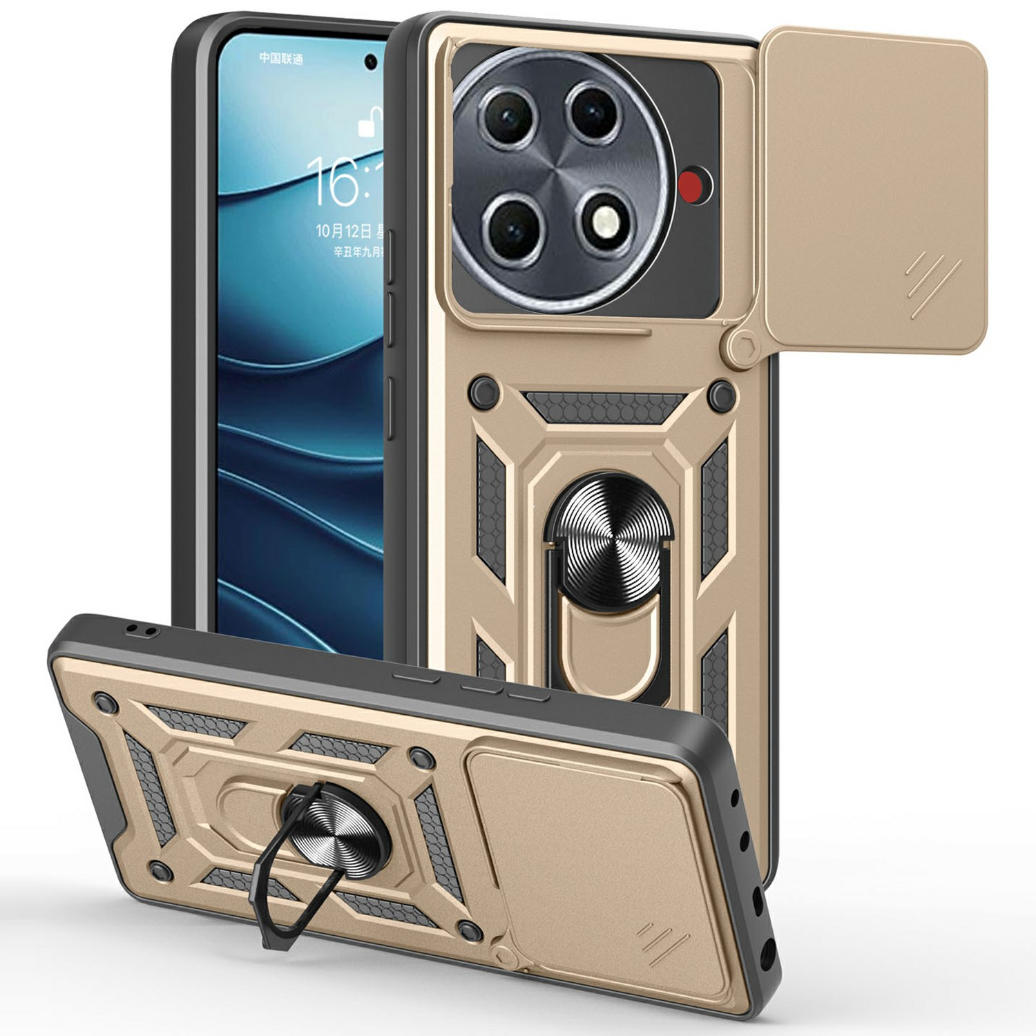 For TECNO Camon 30S Pro 4G Case with Slide Camera Lid PC+TPU Kickstand Phone Cover - Gold