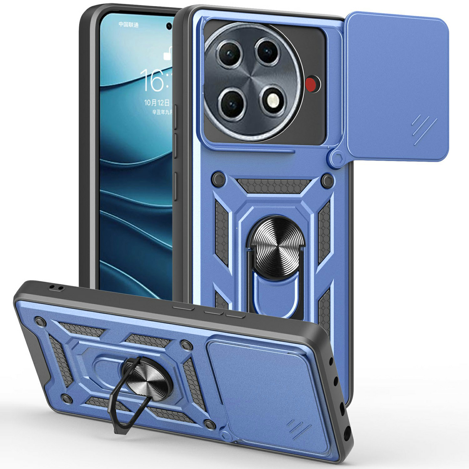 For TECNO Camon 30S Pro 4G Case with Slide Camera Lid PC+TPU Kickstand Phone Cover - Blue
