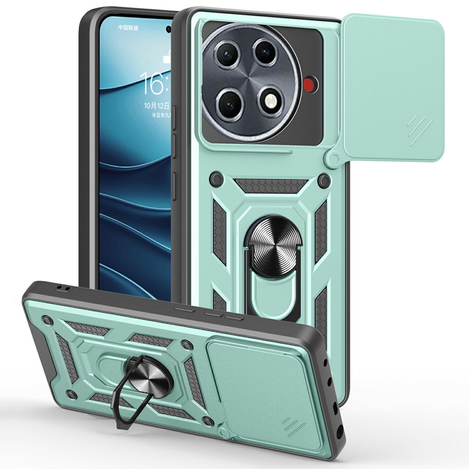 For TECNO Camon 30S Pro 4G Case with Slide Camera Lid PC+TPU Kickstand Phone Cover - Green