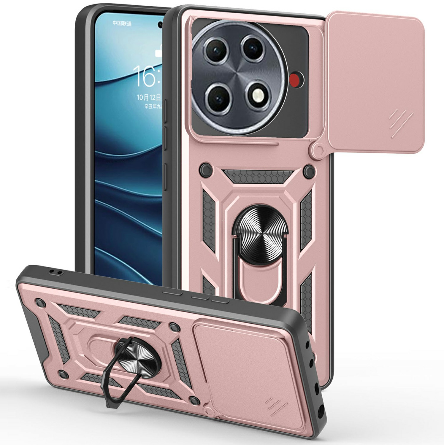 For TECNO Camon 30S Pro 4G Case with Slide Camera Lid PC+TPU Kickstand Phone Cover - Rose Gold