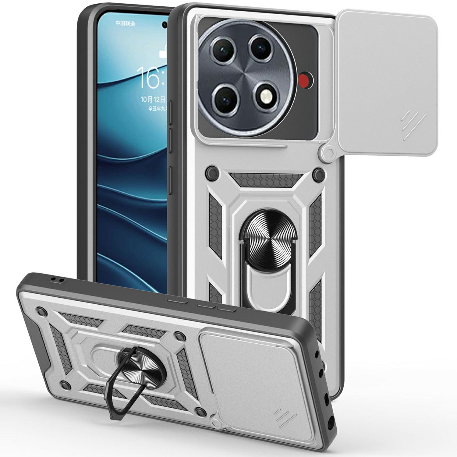 For TECNO Camon 30S Pro 4G Case with Slide Camera Lid PC+TPU Kickstand Phone Cover - Silver