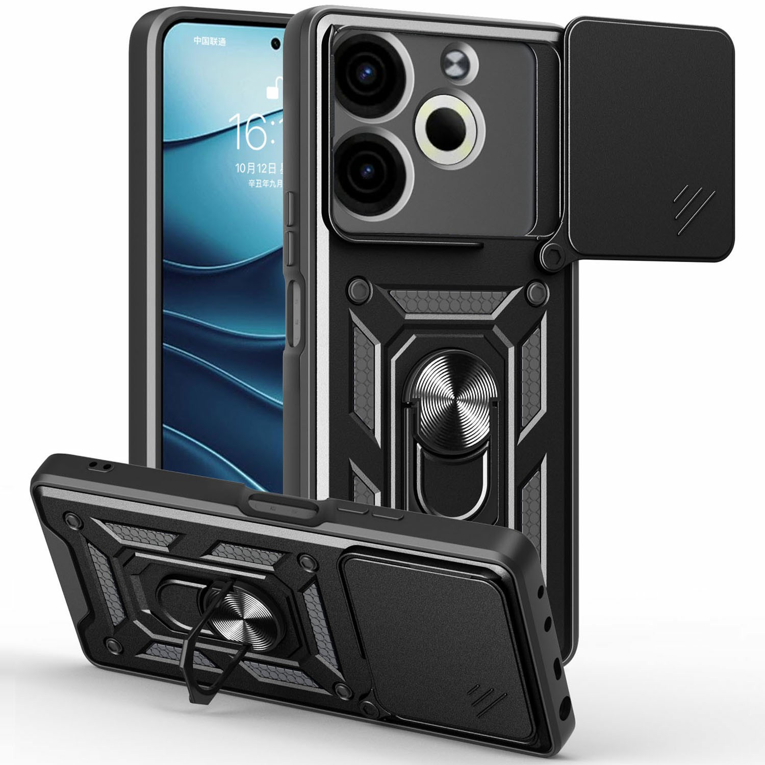 For TECNO Pova 6 Neo Case with Slide Camera Lid PC+TPU Kickstand Phone Cover - Black