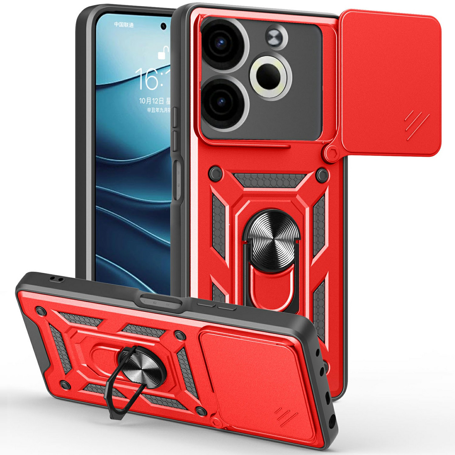 For TECNO Pova 6 Neo Case with Slide Camera Lid PC+TPU Kickstand Phone Cover - Red
