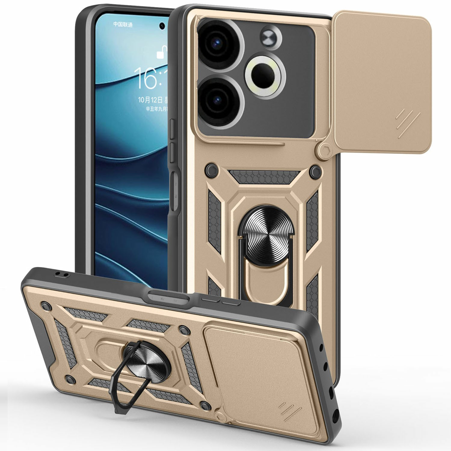 For TECNO Pova 6 Neo Case with Slide Camera Lid PC+TPU Kickstand Phone Cover - Gold