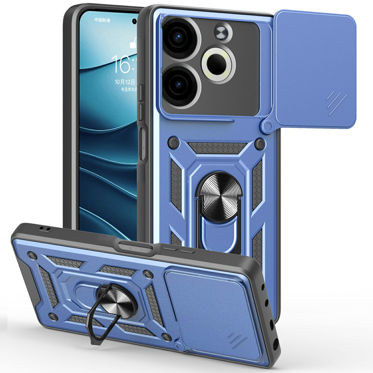For TECNO Pova 6 Neo Case with Slide Camera Lid PC+TPU Kickstand Phone Cover - Blue