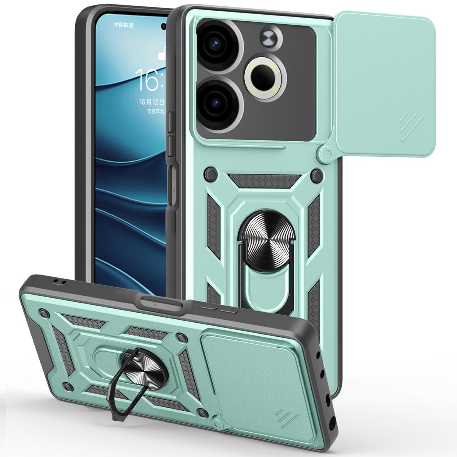 For TECNO Pova 6 Neo Case with Slide Camera Lid PC+TPU Kickstand Phone Cover - Green