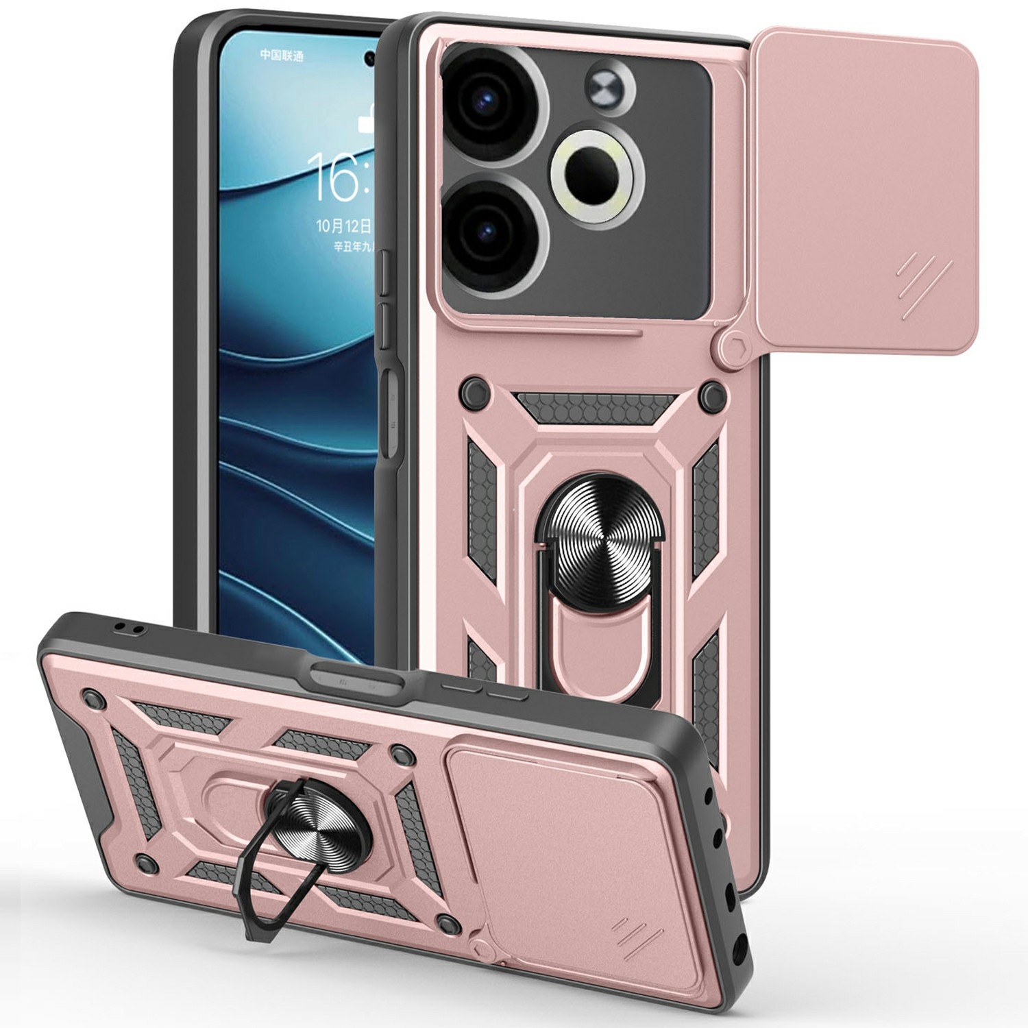 For TECNO Pova 6 Neo Case with Slide Camera Lid PC+TPU Kickstand Phone Cover - Rose Gold