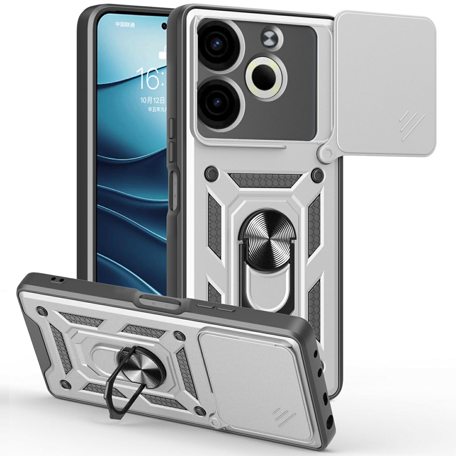 For TECNO Pova 6 Neo Case with Slide Camera Lid PC+TPU Kickstand Phone Cover - Silver