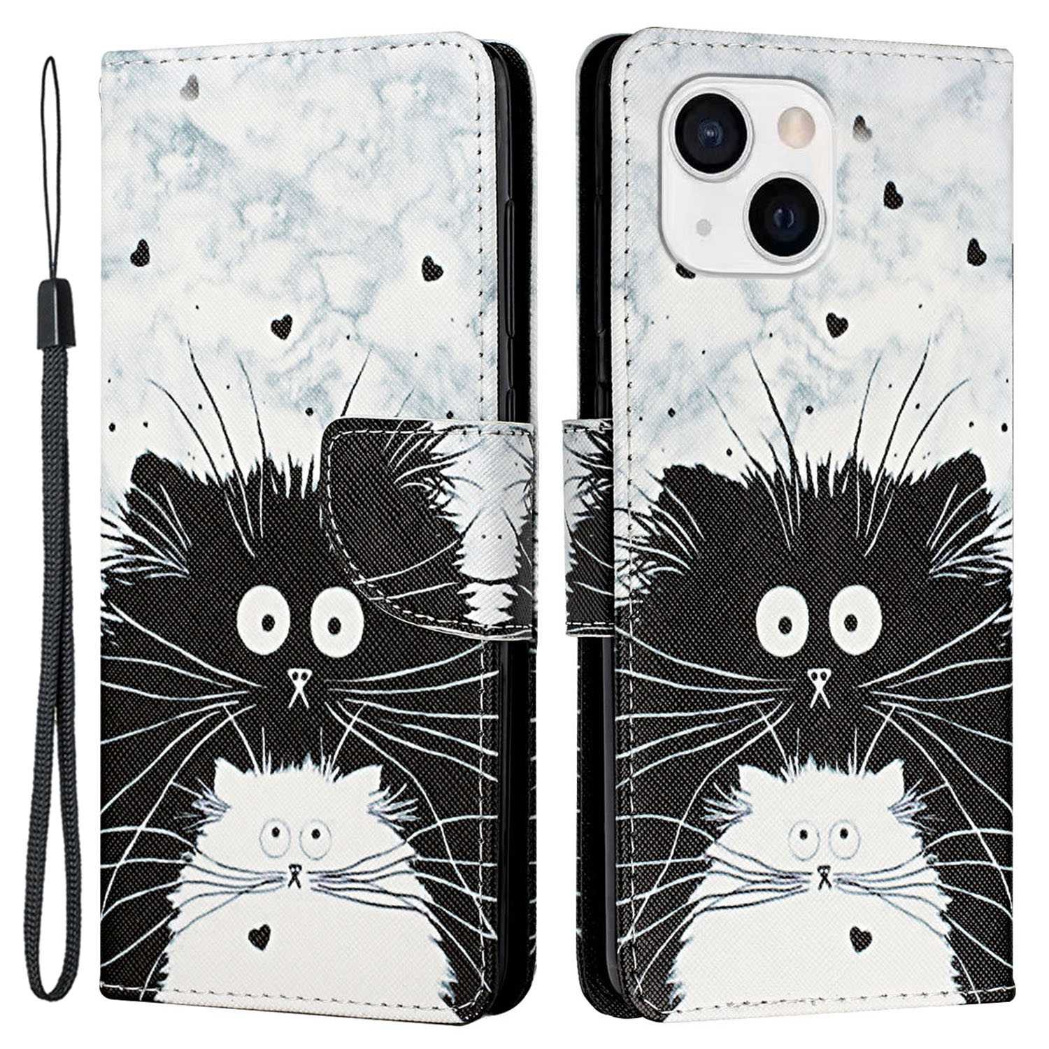 

Pattern Printing Phone Stand Cover for iPhone 14 Plus, Cross Texture PU Leather + TPU Wallet Case with Hand Strap - Two Cats, iPhone 14 Plus