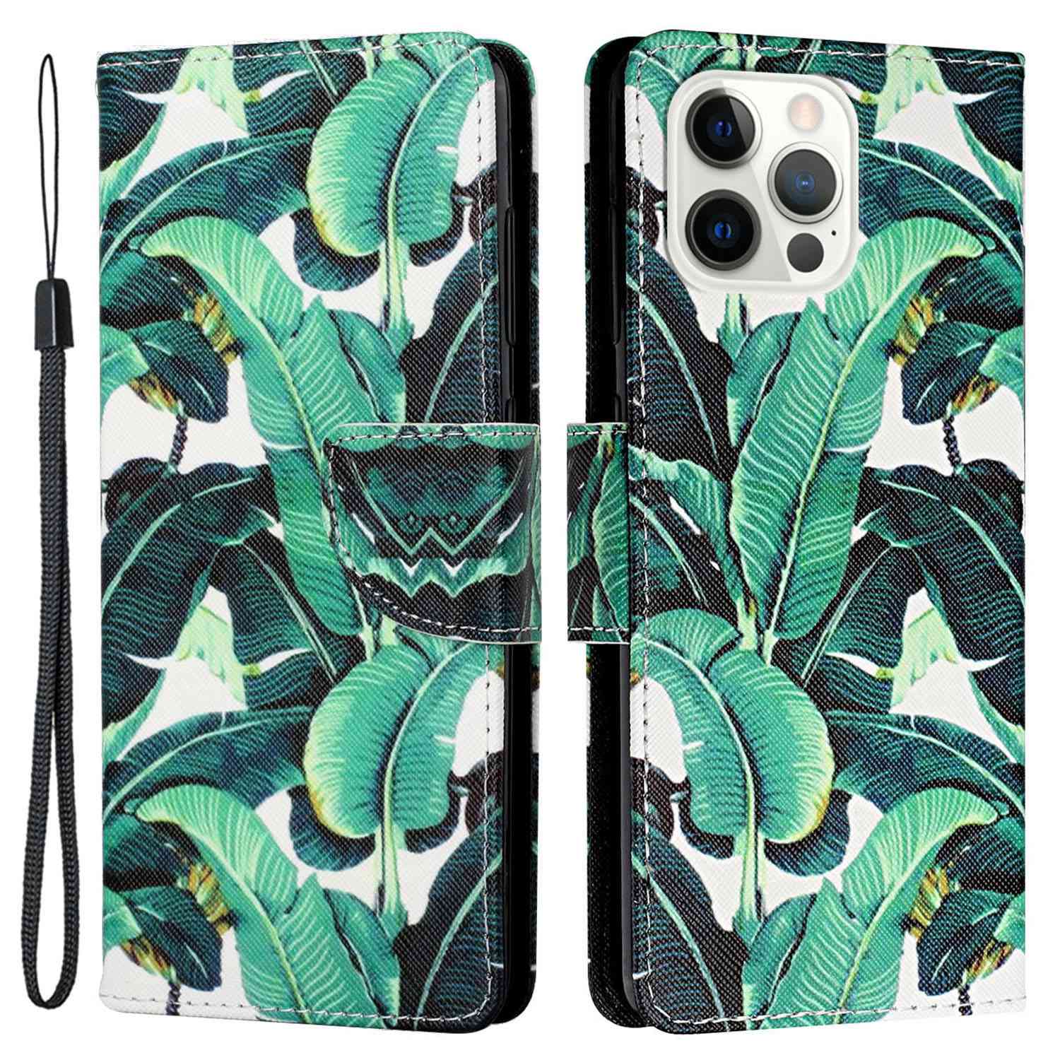 

Pattern Printing Stand Wallet Case for iPhone 14 Pro, Cross Texture PU Leather Magnetic Clasp Shockproof Cover with Hand Strap - Plantain Leaf, iPhone 14 Pro