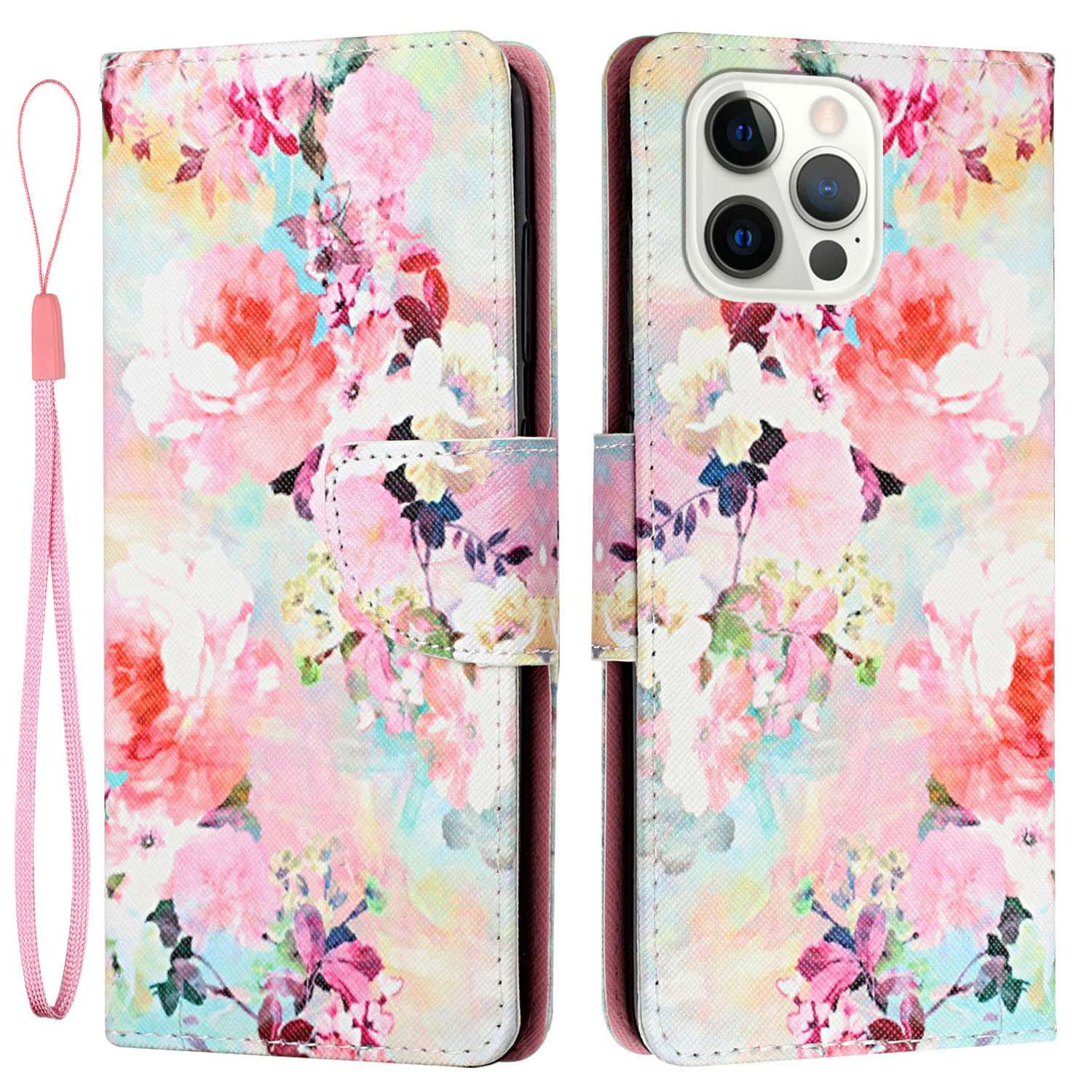 

Pattern Printing Stand Wallet Case for iPhone 14 Pro, Cross Texture PU Leather Magnetic Clasp Shockproof Cover with Hand Strap - Watercolor Flower, iPhone 14 Pro