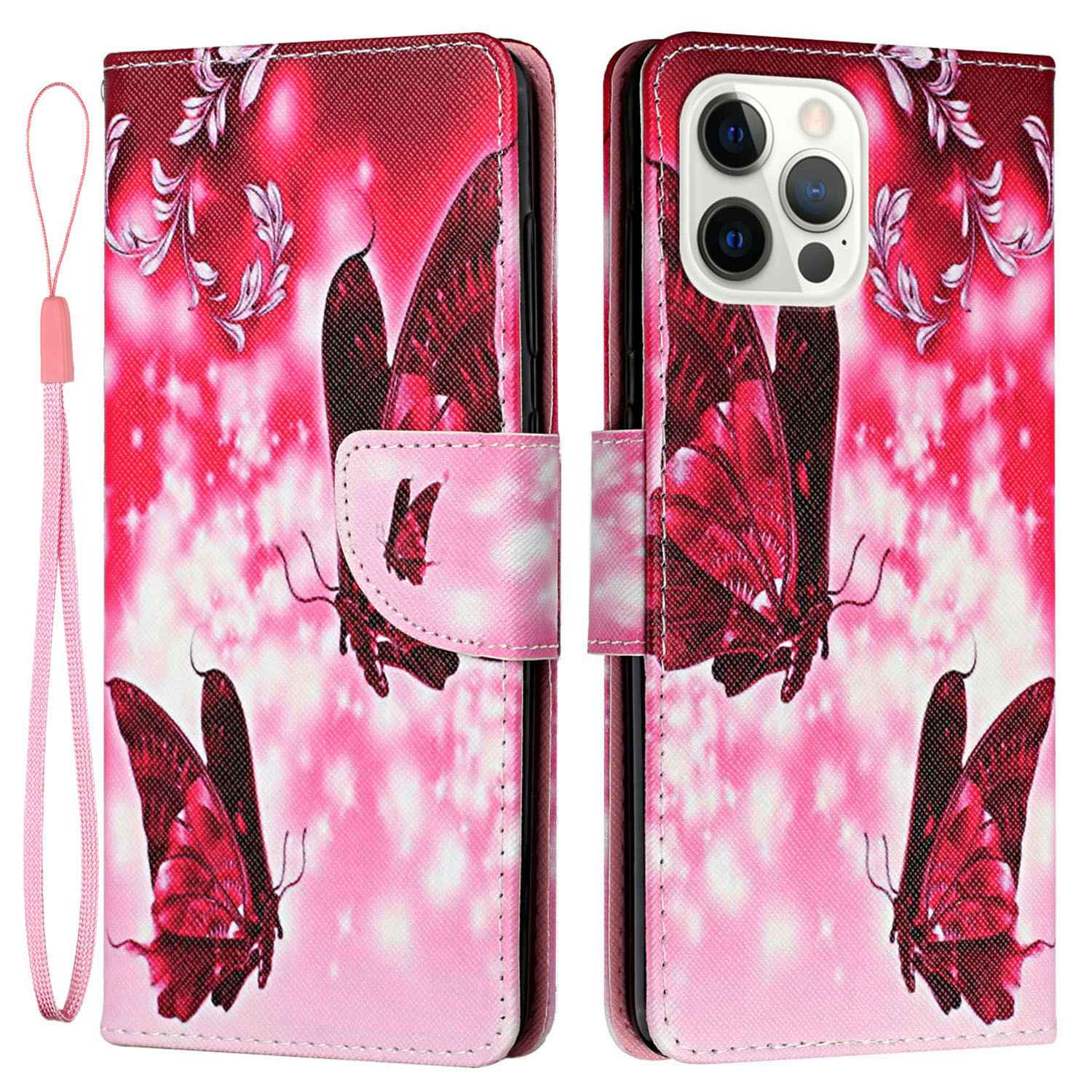 

Стенд с Рисунком Наставка Для Iphone 14 Pro, Кросс -текстура PU - Две Бабочки, iPhone 14 Pro