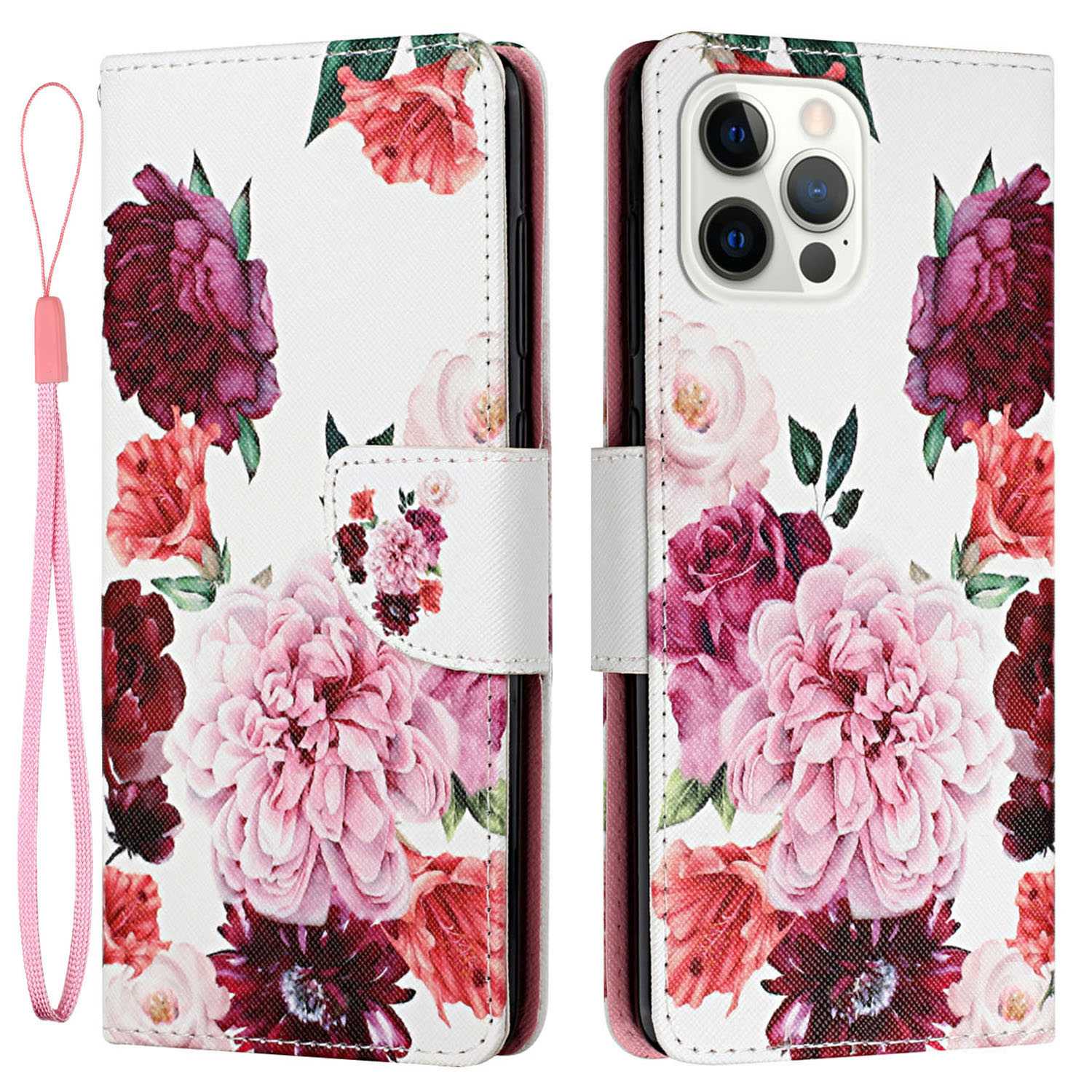 

Pattern Printing Stand Wallet Case for iPhone 14 Pro, Cross Texture PU Leather Magnetic Clasp Shockproof Cover with Hand Strap - Peony, iPhone 14 Pro