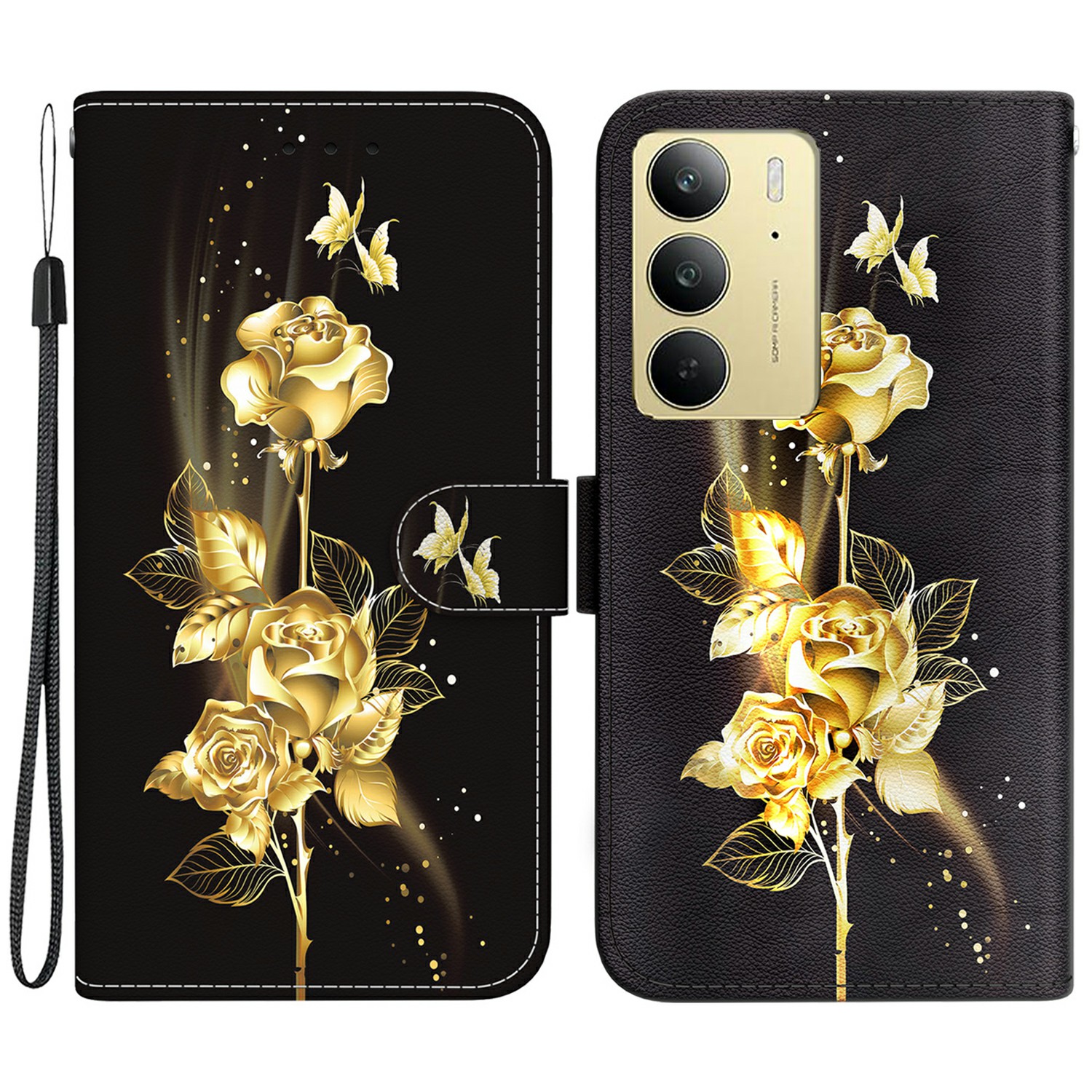 For Realme C75 4G Wallet Phone Case Anti-Drop Leather Flip Cover Pattern Printing - Gold Butterfly Rose