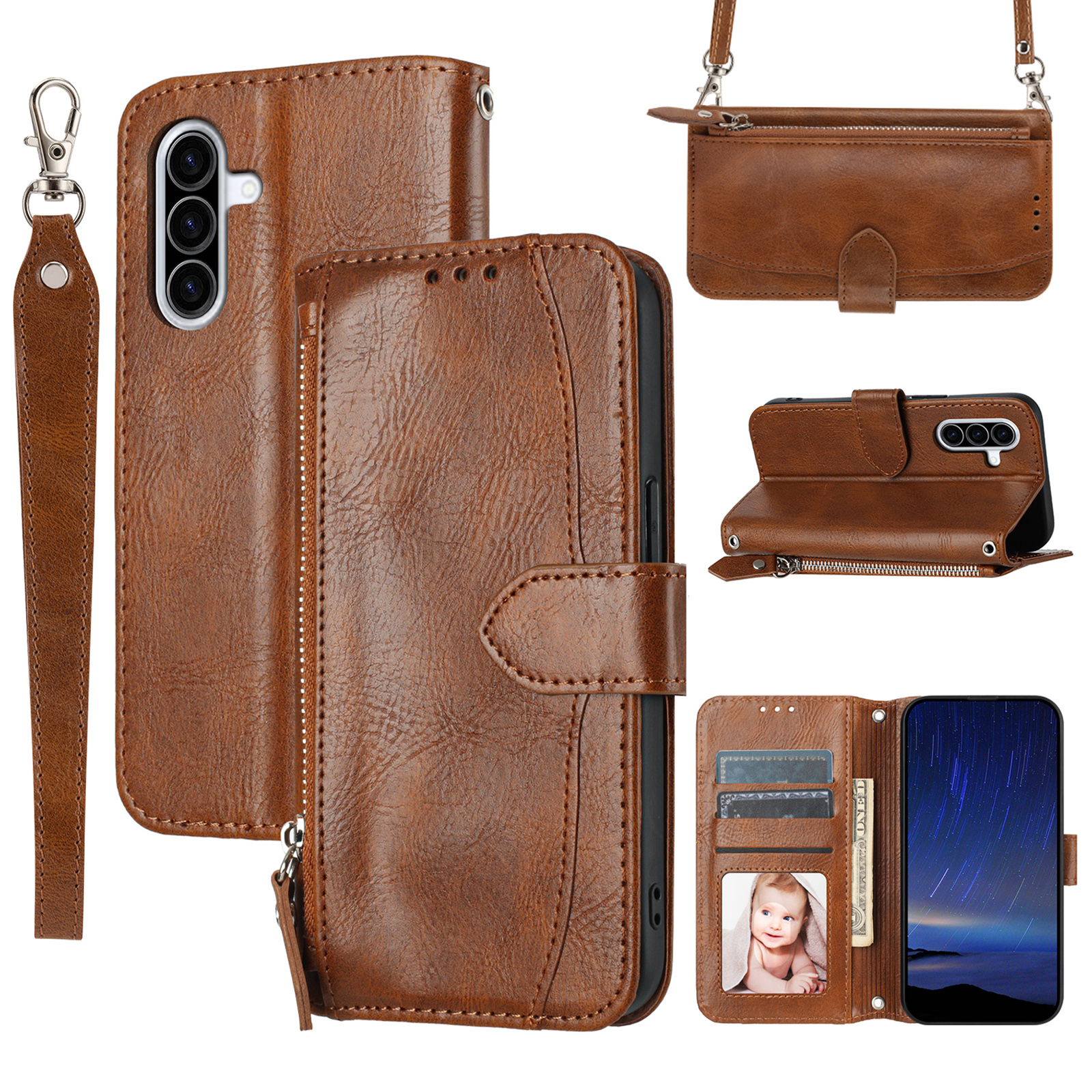 For Samsung Galaxy A56 5G Case Zipper Pocket Leather Phone Cover with Crossbody Shoulder Strap - Brown