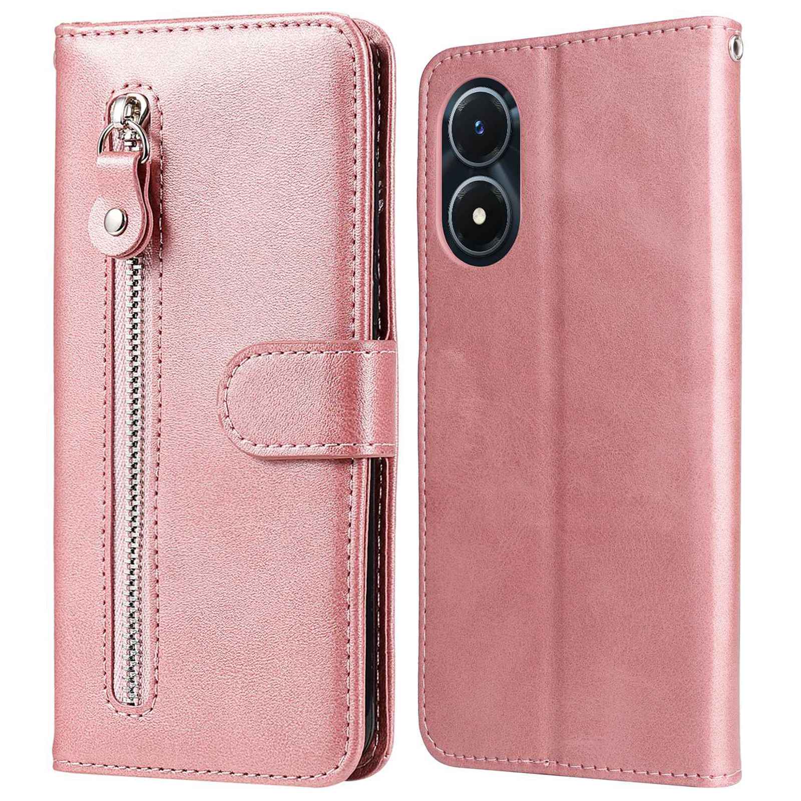 

Für Vivo Y02s 4g / Y16 4G Anti-fall-struktur-leder-hülle Wallet Stand Reißverschluss Pocket Telefonabdeckung - Roségold, vivo Y02s 4G
