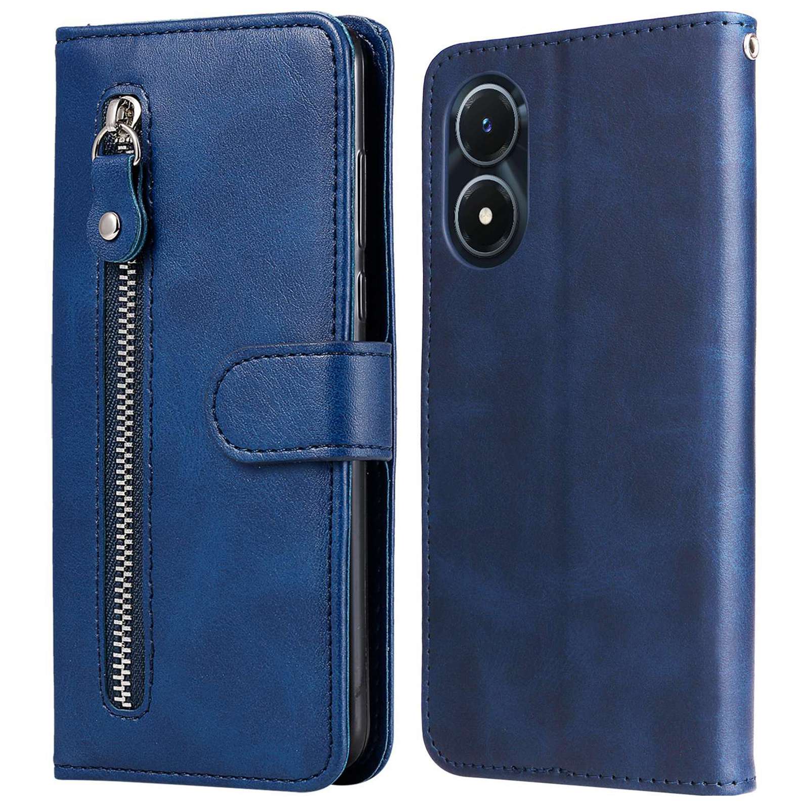 

Für Vivo Y02s 4g / Y16 4G Anti-fall-struktur-leder-hülle Wallet Stand Reißverschluss Pocket Telefonabdeckung - Blau, vivo Y02s 4G