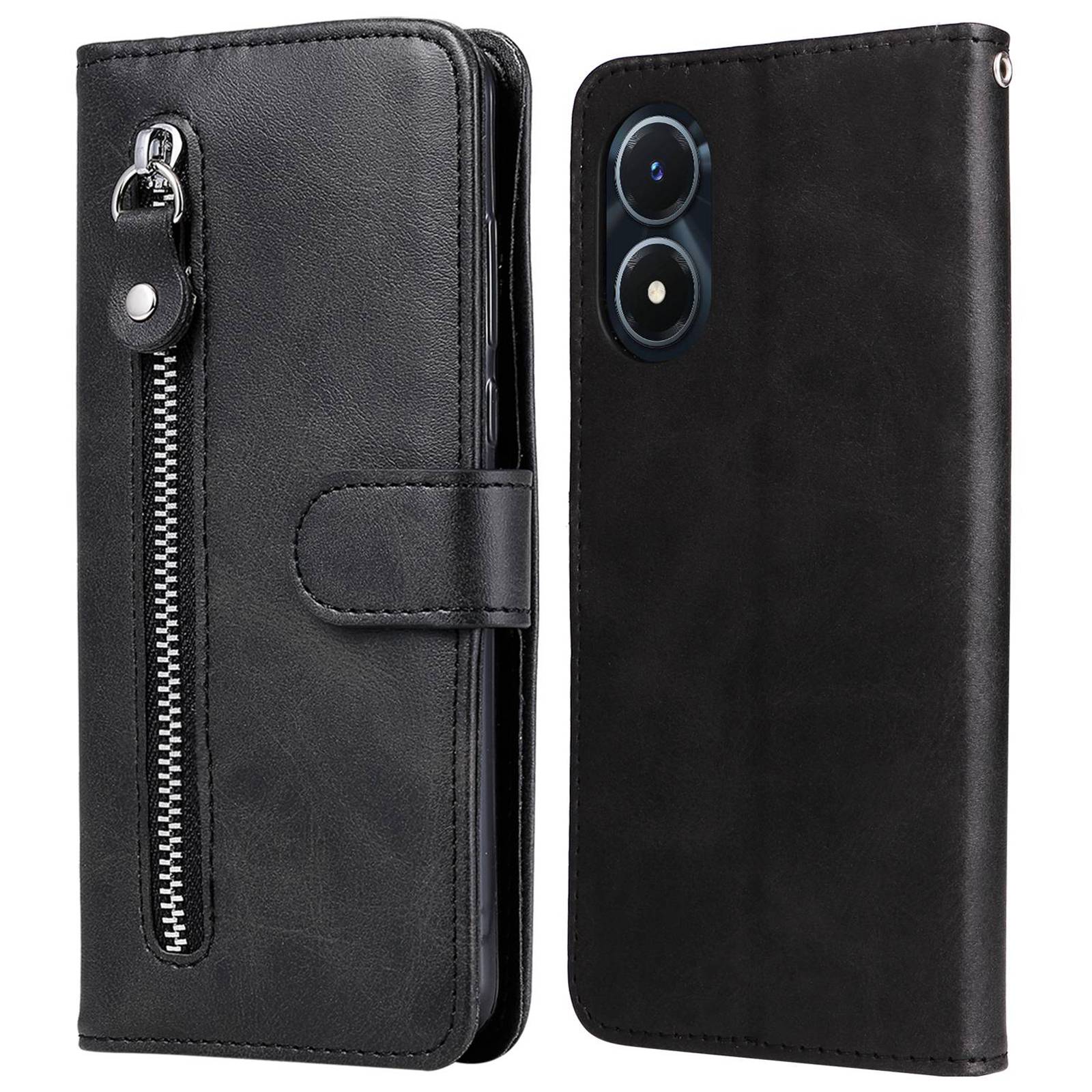 

Für Vivo Y02s 4g / Y16 4G Anti-fall-struktur-leder-hülle Wallet Stand Reißverschluss Pocket Telefonabdeckung - Schwarz, vivo Y02s 4G
