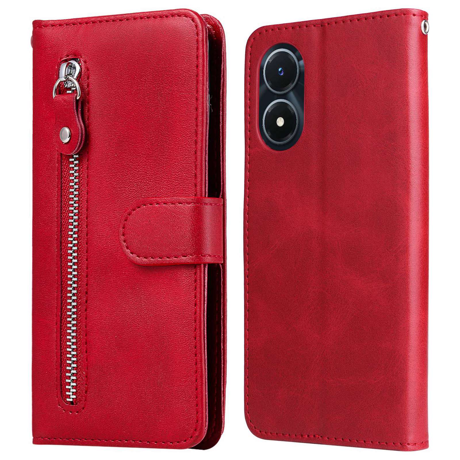

Für Vivo Y02s 4g / Y16 4G Anti-fall-struktur-leder-hülle Wallet Stand Reißverschluss Pocket Telefonabdeckung - Rot, vivo Y02s 4G