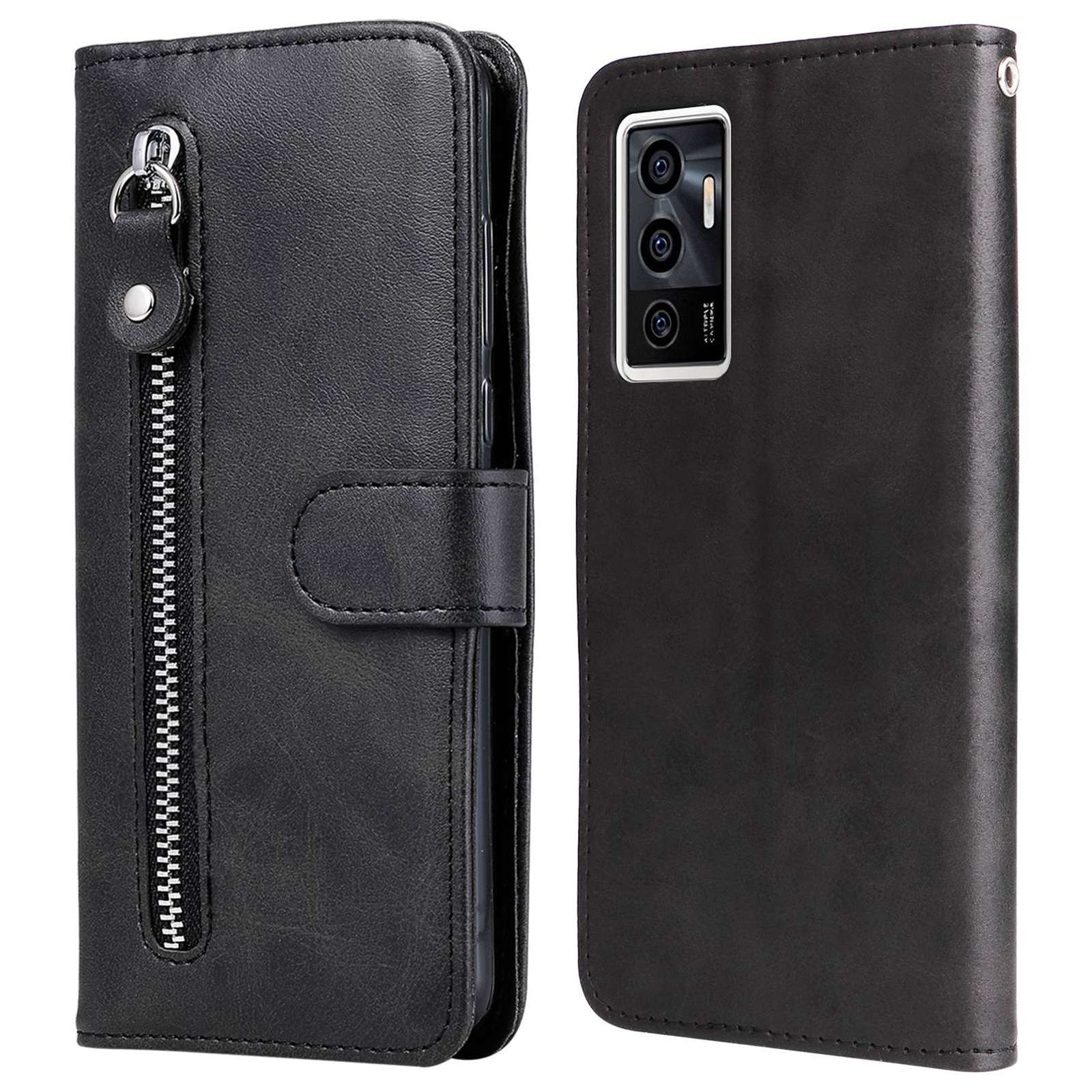 

Für Vivo Y75 4g / Vivo V23e 5g / 4G Magnetic Clasp Strukturierte Lederhülle Wallet Stand Reißverschluss Pocket Telefonabdeckung - Schwarz, vivo Y75 4G