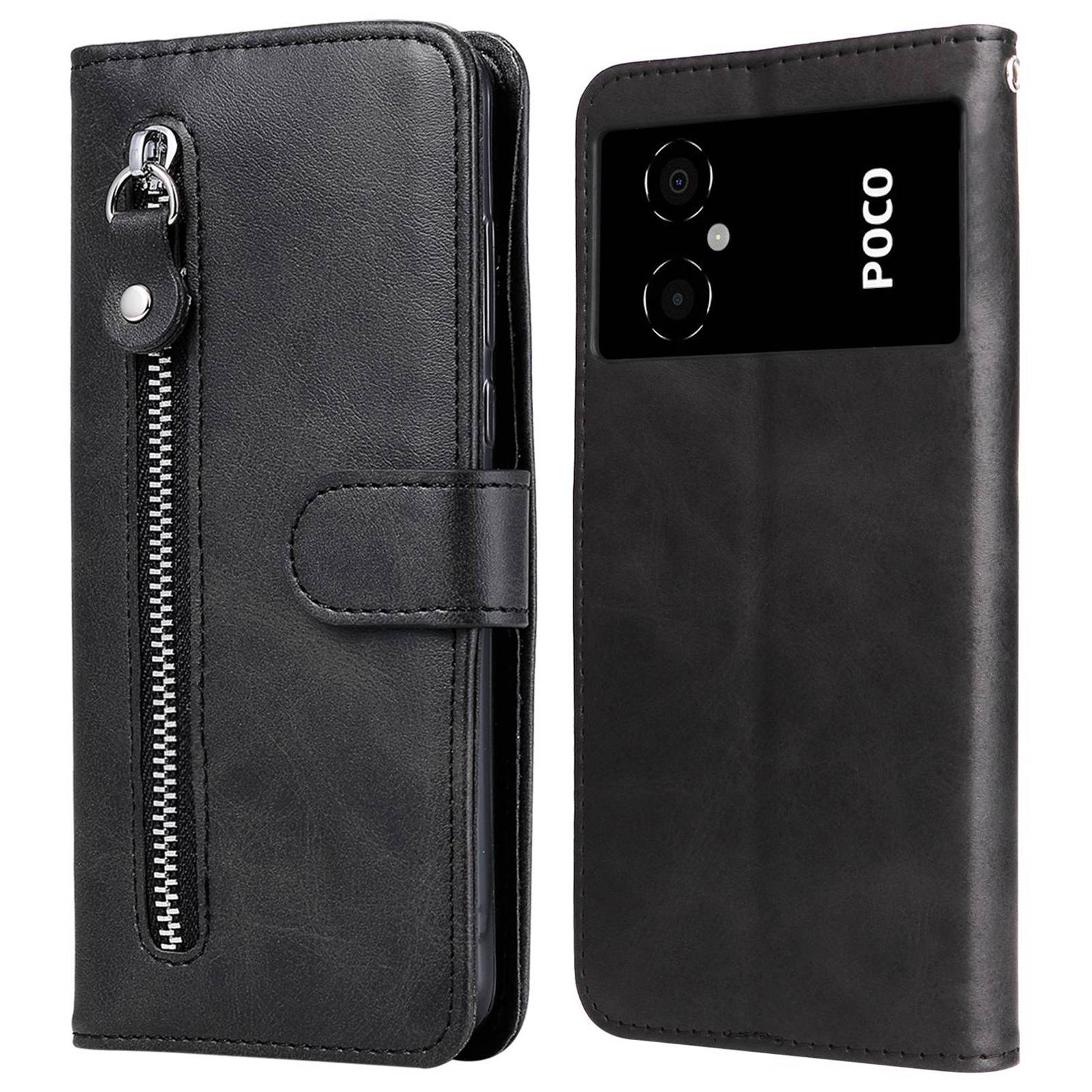 

Für Xiaomi Poco M4 5G / M5 4G (indien) Reißverschlusspocket Flip Phone Hülle PU Leder Magnetische Verschlussständer Folio Brieftasche Abdeckung - Schwarz, Xiaomi Poco M4 5G