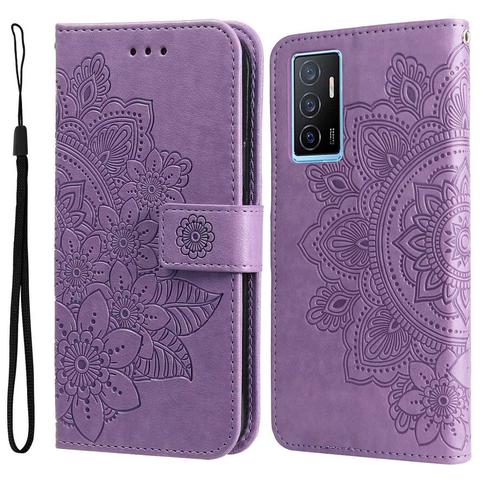 

Für Vivo Y75 4g / V23e 4G / 5G Herbstprävention Blume Prägen PU Leder Phone Schutzhülle Flip Ständer Brieftasche Mit Riemen - Violett, vivo Y75 4G